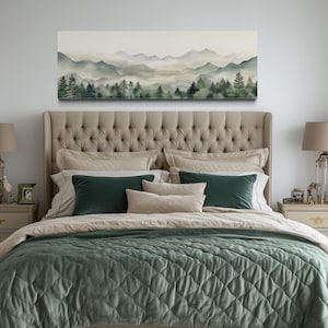 Sage Green Watercolor Over Bed Wall Art - Mountains Lake Long Horizontal Painting Canvas PRINT, Minimalist Bedroom Wall Decor Ready To Hang
