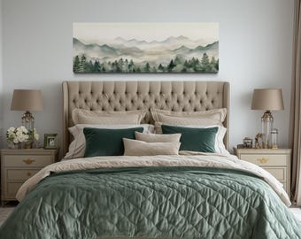 Sage Green Watercolor Over Bed Wall Art - Mountains Lake Long Horizontal Painting Canvas PRINT, Minimalist Bedroom Wall Decor Ready To Hang