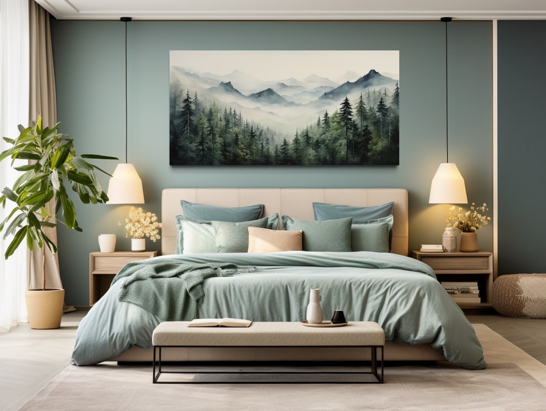 Foggy Sage Green Forest Watercolor Painting Canvas PRINT, Nature Wall ...