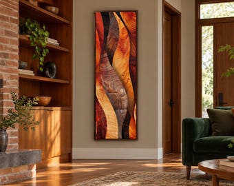 May include: A tall, rectangular wall art piece featuring vertical, flowing abstract waves in shades of deep red, burnt orange, golden yellow, and dark charcoal grey, all enclosed within a thin, dark brown wooden frame.