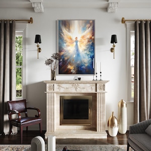 Angel In Blue Heavenly Light Painting Canvas PRINT, Angelic Apparition Wall Art, Christian Religious Spiritual Artwork Framed Ready To Hang