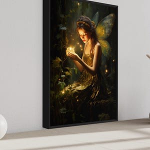 a painting of a fairy with wings, holding a glowing object, surrounded by a lush, green forest.