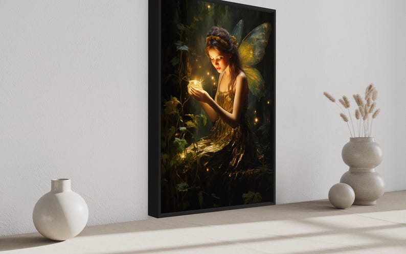 a painting of a fairy with wings, holding a glowing object, surrounded by a lush, green forest.
