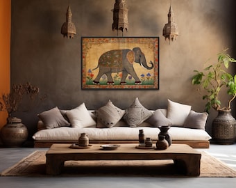 Indian Elephant Painting Canvas Print - Traditional Indian Wall Art Framed Or Unframed Ready To Hang