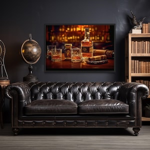 Man Cave Wall Art, Bourbon Room Decor - Whiskey And Cigar Painting Canvas PRINT, Gifts For Him, Bar Wall Decor, Ready To Hang