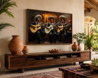 May include: A rectangular framed oil painting depicting three musicians wearing sombreros and dark suits, each playing an acoustic guitar. The artwork is displayed on a light-colored wall above a long, low-profile wooden media console cabinet.