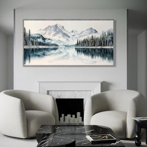 Winter Landscape Wall Art Mountain Lake And Pine Tree Forest Watercolor Painting Canvas PRINT, Minimalist Nature Framed Ready To Hang