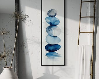 Tall Narrow Wall Art, Navy Blue Watercolor Stacked Rocks Painting Long Vertical Canvas PRINT, Zen Modern Wall Decor Ready To Hang