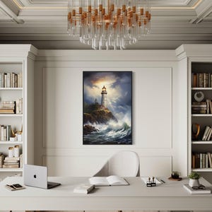 a serene and elegant workspace with a large painting of a lighthouse on the wall, a chandelier hanging above, and a desk with a laptop and books.