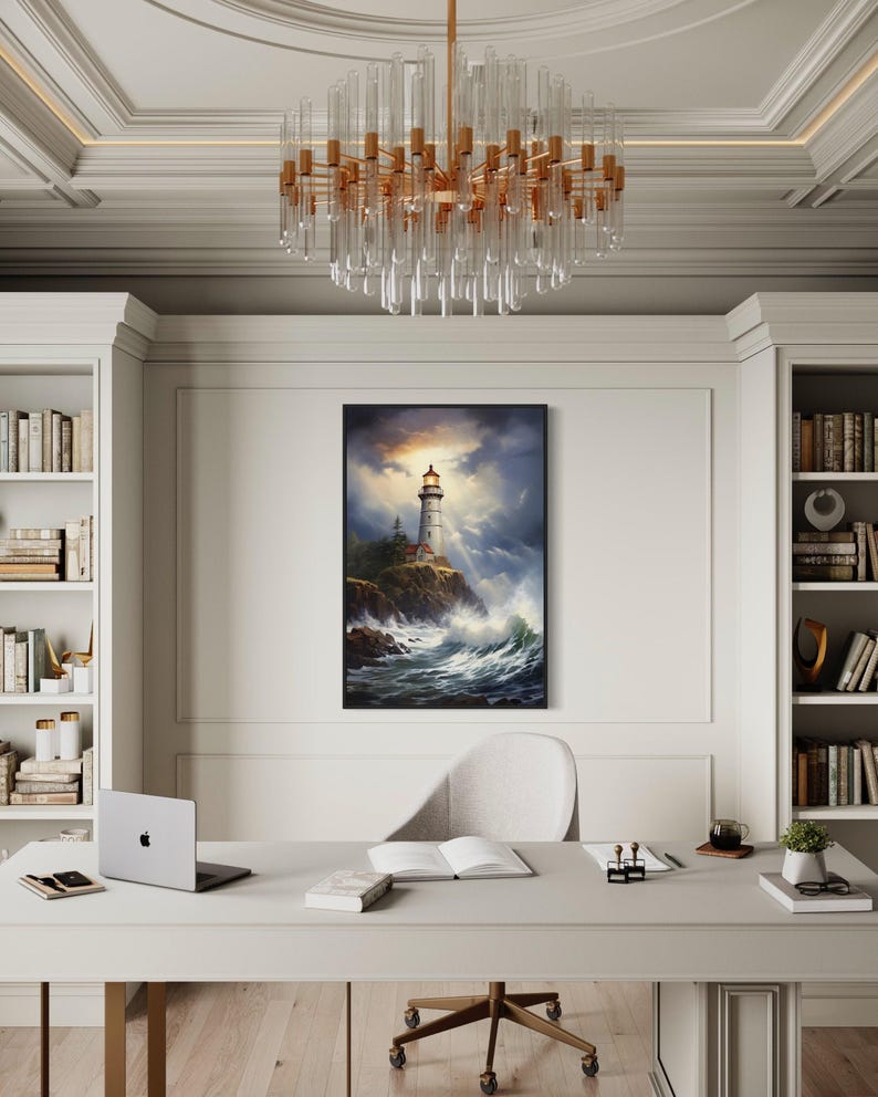 a serene and elegant workspace with a large painting of a lighthouse on the wall, a chandelier hanging above, and a desk with a laptop and books.
