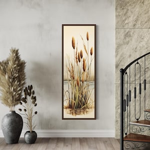 Tall Narrow Vertical Wall Art, Cattails Retro Painting Canvas PRINT, Long Slim Neutral Watercolor Reed Wall Art Tall Artwork Ready To Hang