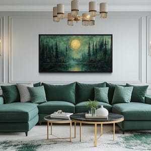 Emerald Green Lake, Forest Moon Night Sky Painting Canvas PRINT, Rustic Nature Wall Art, Lake House Decor, Moody Wall Decor Ready To Hang