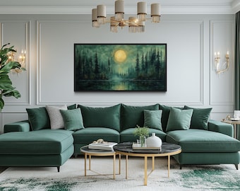 Emerald Green Lake, Forest Moon Night Sky Painting Canvas PRINT, Rustic Nature Wall Art, Lake House Decor, Moody Wall Decor Ready To Hang