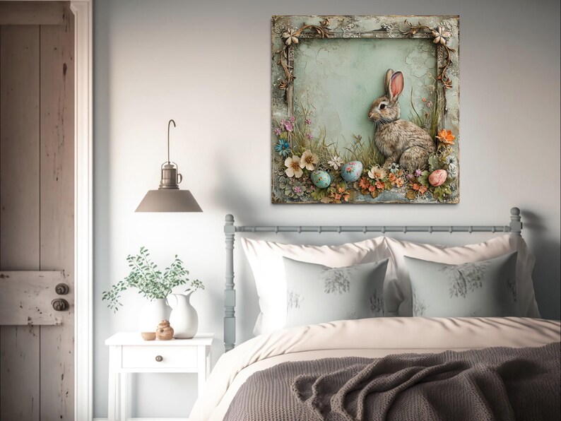 a cozy bedroom scene with a bed, a nightstand, and a painting of a rabbit sitting in a field of flowers.