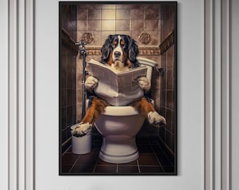 Bernese Mountain Dog On The Toilet Reading Newspaper, Funny Bathroom Art, Toilet Humor Animal Canvas Print Framed Ready To Hang