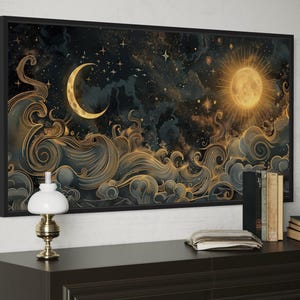 Black Gold Sun and Moon Wall Art, Celestial Painting Canvas PRINT, Sun ...