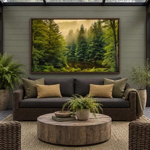 May include: A dark brown wicker sofa with charcoal cushions and two tan throw pillows, positioned in front of a large landscape painting of a misty forest. A round wooden coffee table sits in front with a small potted fern and bowl.