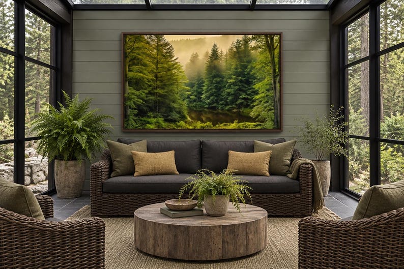May include: A dark brown wicker sofa with charcoal cushions and two tan throw pillows, positioned in front of a large landscape painting of a misty forest. A round wooden coffee table sits in front with a small potted fern and bowl.