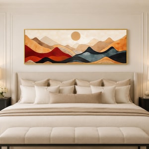 Mid Century Modern Mountain Wall Art Abstract Panoramic Painting Print On Long Horizontal Canvas With or Without Frame Ready To Hang