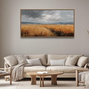 Golden Wheat Field Wall Art, Rustic Farmhouse Landscape Painting With Cloudy Sky, Vintage Style Canvas Print, Framed Ready To Hang