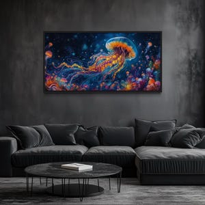 Trippy Jellyfish Canvas Print, Psychedelic Underwater Scene With Neon Colors Painting Canvas Print Framed Ready To Hang