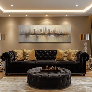 Gold And Silver Living Room Wall Art - Abstract Chicago Skyline Painting Canvas PRINT, Long Horizontal Panoramic Artwork Ready To Hang