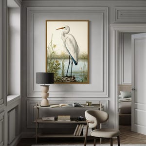 Retro Great Egret Painting Art PRINT, Coastal Water Birds Art, Lake House Wall Art, Cabin Decor, Nature Artwork, Ready To Hang