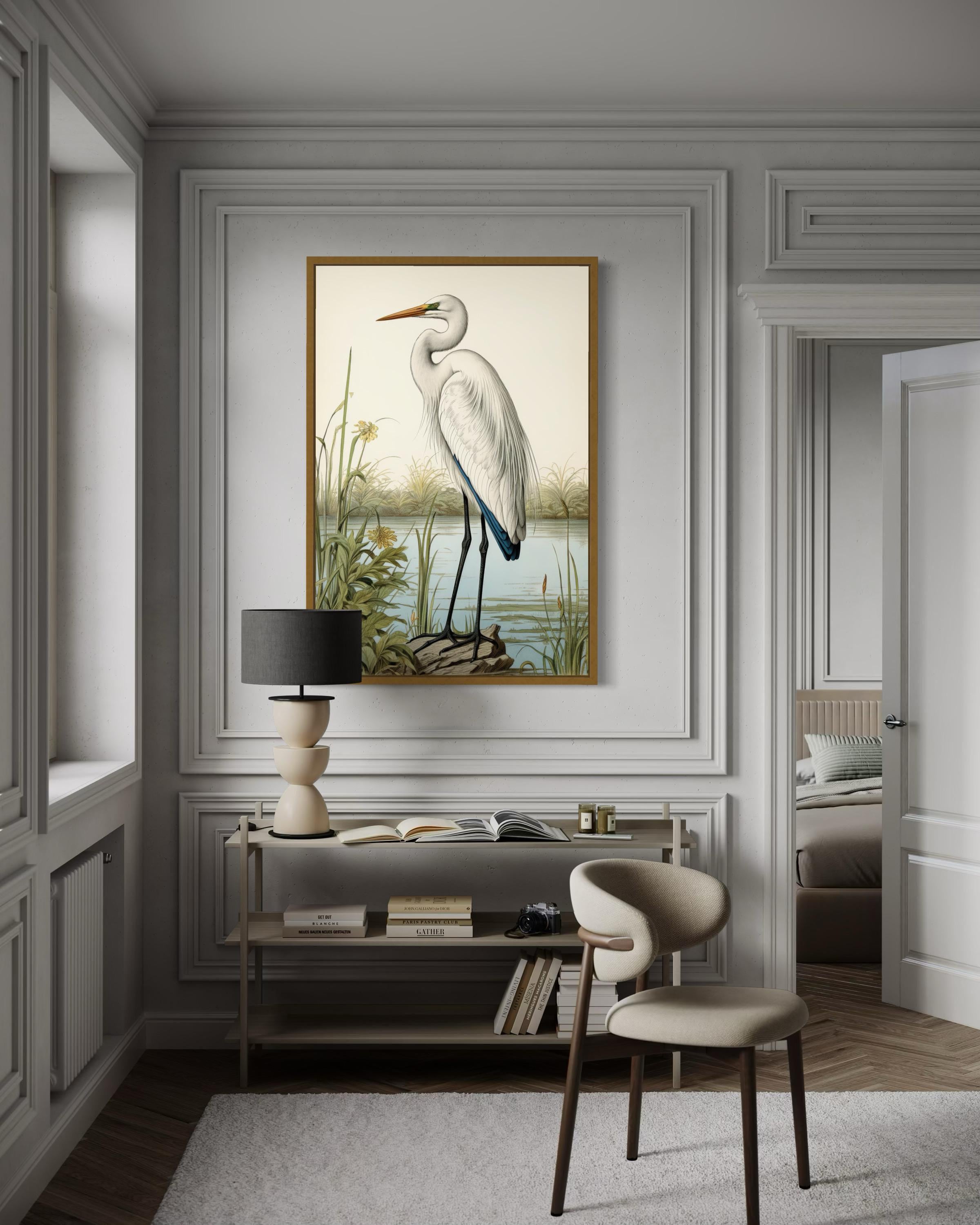 Retro Great Egret Painting Art PRINT, Coastal Water Birds Art, Lake House Wall Art, Cabin Decor, Nature Artwork, Ready To Hang