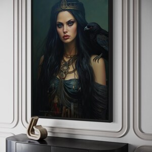 a woman with long dark hair wearing a crown, standing next to a black bird.