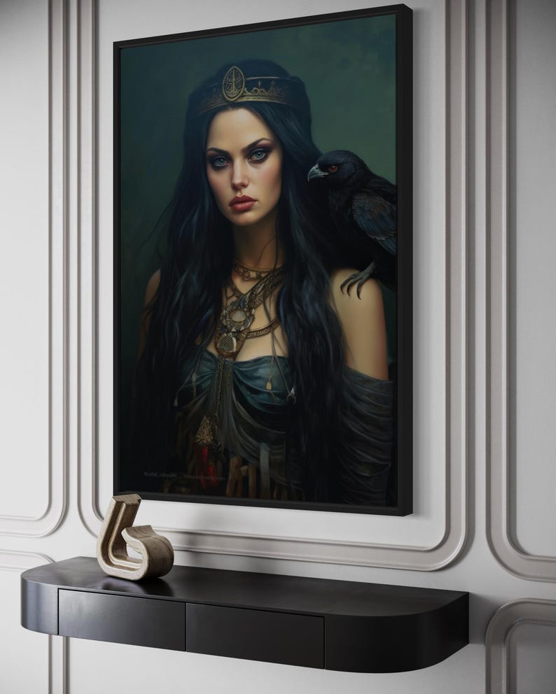 a woman with long dark hair wearing a crown, standing next to a black bird.