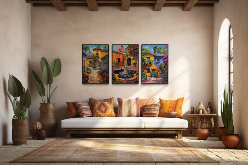 Set of Three Mexican Wall Art, Colorful Mexican Courtyard Garden and ...