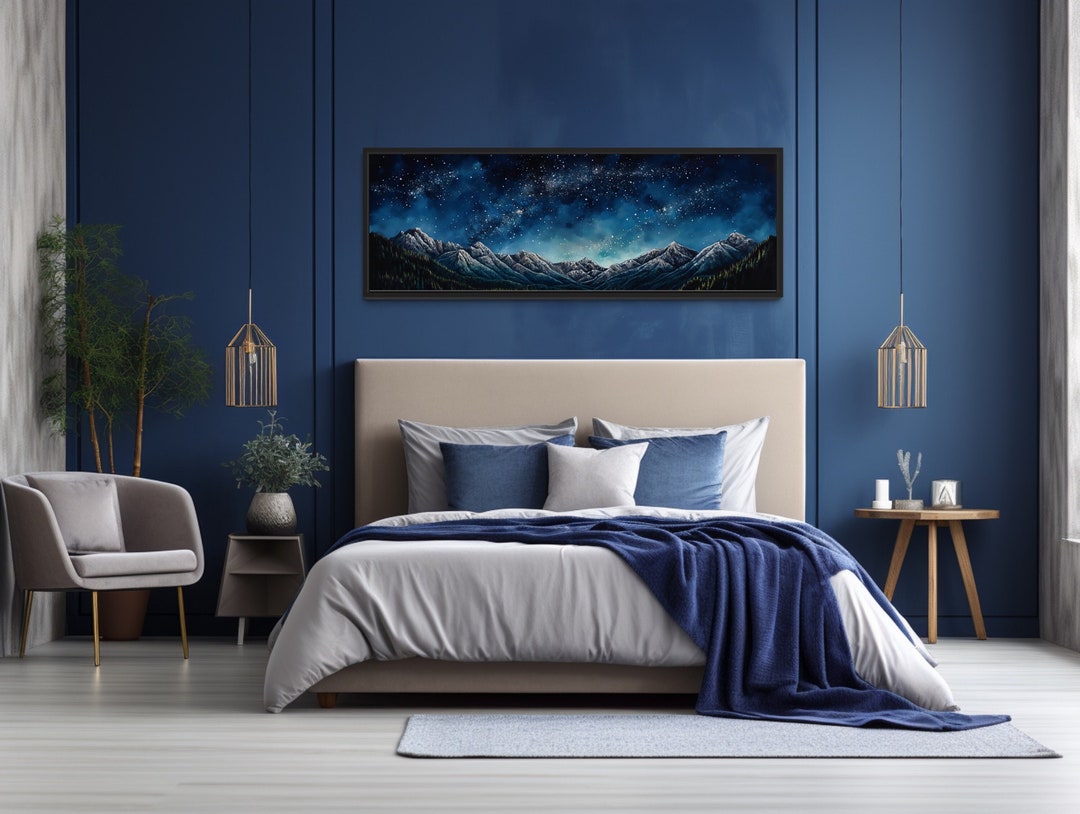 Navy Blue Over Bed Wall Art Men Bedroom, Milky Way Over Mountains Starry Night Sky Painting Long ...