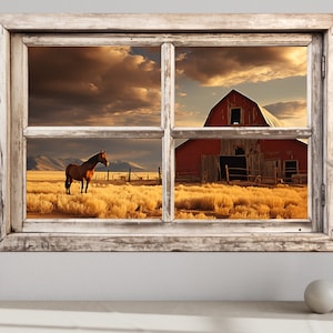 Window View Old Farm And Horse Painting Canvas Print - Fake Window Farmhouse Wall Decor - Rural Landscape Ready To Hang