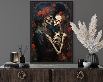 Romantic Gothic Wall Art, Skeleton Lovers In Flowers Painting Canvas or Poster PRINT, Dark Academia, Macabre Moody Art Framed Ready To Hang