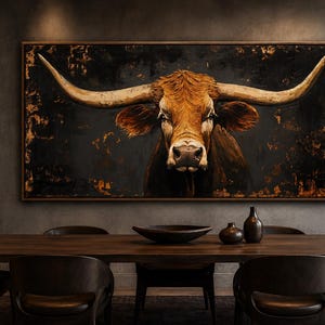 May include: A rectangular wall art piece featuring a detailed painting of a longhorn steer with a brown coat and large, sweeping horns. The steer is centered against a dark, textured background with mottled black and copper-toned accents.