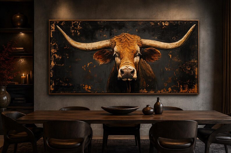 May include: A rectangular wall art piece featuring a detailed painting of a longhorn steer with a brown coat and large, sweeping horns. The steer is centered against a dark, textured background with mottled black and copper-toned accents.