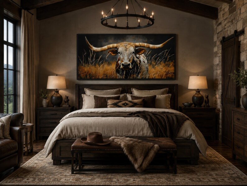 May include: A rustic bedroom with a large bed, dark wood furniture, and a large painting of a longhorn. The room features a bench with a hat and fur throw, two bedside lamps, and a chandelier. The color palette is warm, with browns and tans.