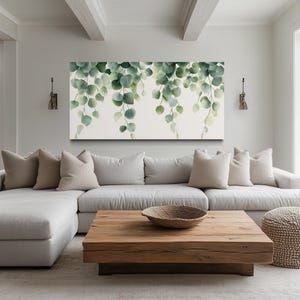 Eucalyptus Leaves Wall Art, Long Horizontal Botanical Canvas Print, Minimalist Greenery Painting For Living Room Framed Ready To Hang