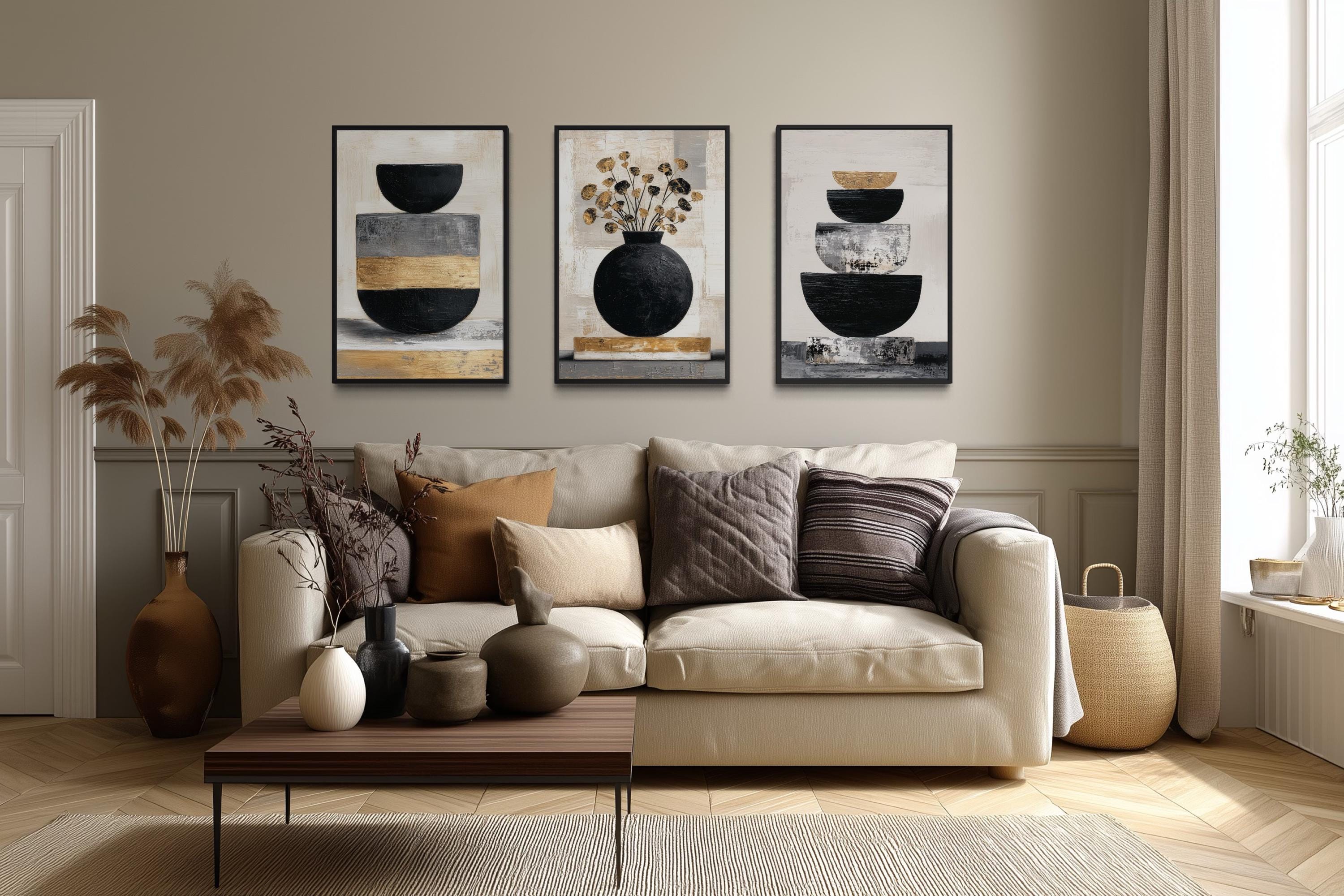 Modern Boho Floral Wall Art Set of 3 – Black, Gold, and Beige Abstract ...