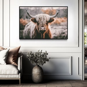 Sepia Highland Cow Photography Wall Art On Canvas - Rustic Farmhouse Decor - Highland Cow Painting -  Framed Or Unframed Ready To Hang