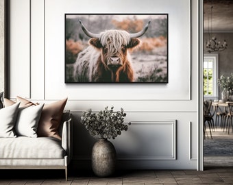 Sepia-Hochlandkuh-Fotografie-Wandkunst auf Leinwand – rustikale Bauernhaus-Dekoration – Hochlandkuh-Gemälde – gerahmt oder ungerahmt, fertig zum Aufhängen