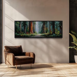 California Redwood Forest Wall Art, Long Horizontal Sequoia Tree Landscape Canvas Print, Nature Living Room Decor Framed Ready To Hang