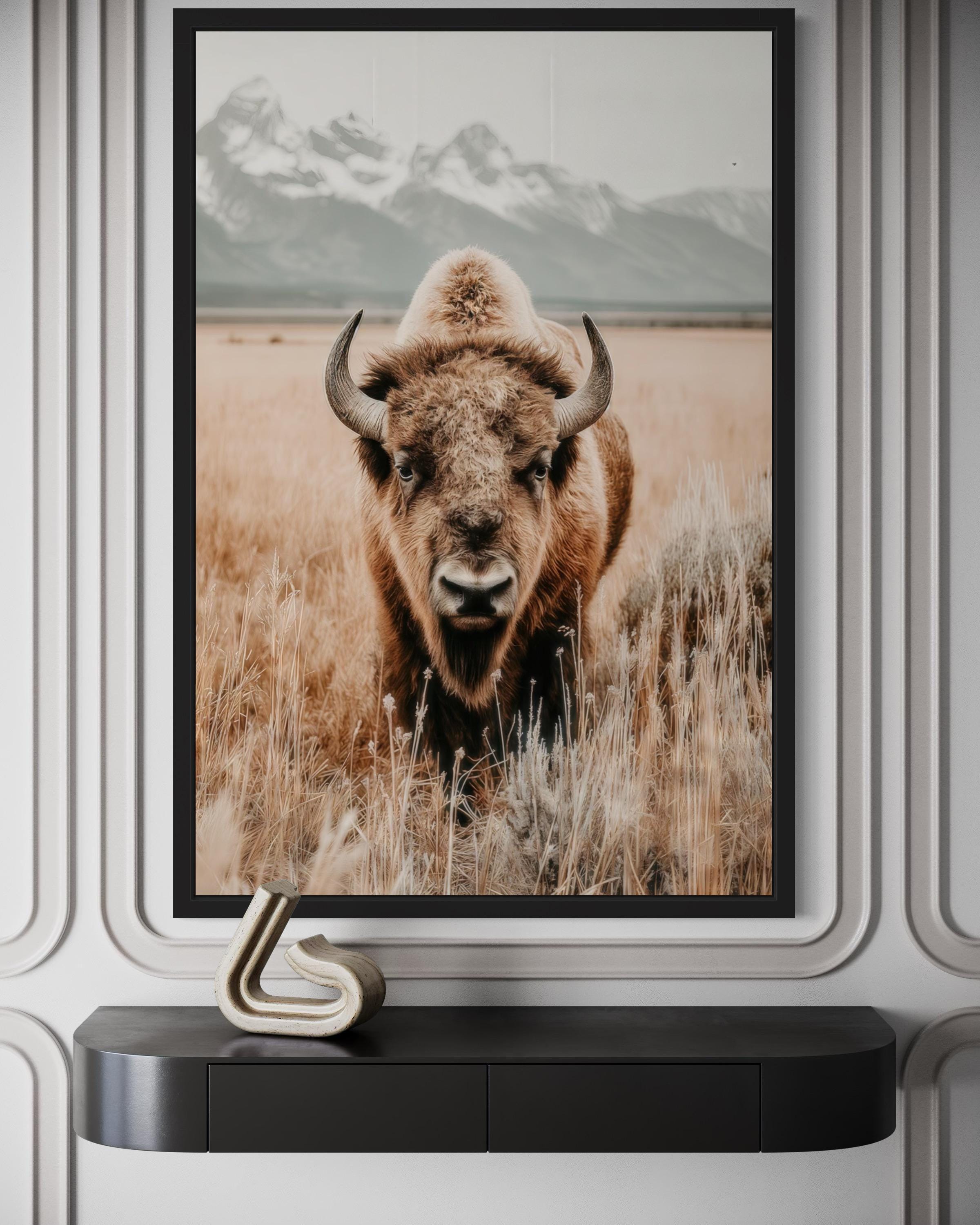 Sepia Bison Canvas Wall Art – Rustic Neutral Buffalo Wildlife Painting ...