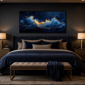 Abstract Navy Blue Gold Ocean Wave Painting Canvas PRINT, Minimalist Modern Ocean At Night Wall Art, Seascape, Art For Mens Bed image 11