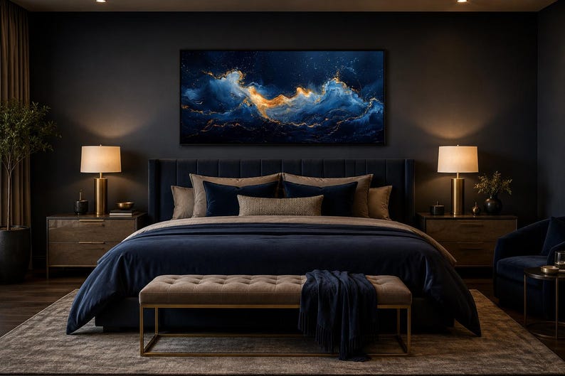 Abstract Navy Blue Gold Ocean Wave Painting Canvas PRINT, Minimalist Modern Ocean At Night Wall Art, Seascape, Art For Mens Bed image 11