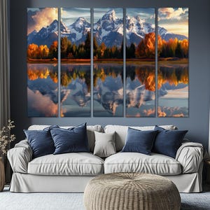 5 Piece Grand Teton Mountains Oil Painting Wall Art - Nature Landscape Multi-Panel Canvas Print Ready To Hang