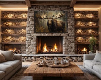 Moose With Big Antlers Wall Art Canvas Print - Rustic Moose Painting For Cabin Decor, Wildlife Wall Decor,  Framed Ready to Hang
