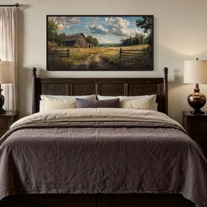 a serene bedroom scene with a large bed, wooden furniture, and a painting of a rural landscape hanging above it.