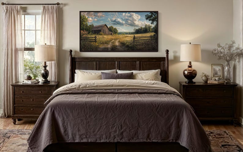a serene bedroom scene with a large bed, wooden furniture, and a painting of a rural landscape hanging above it.