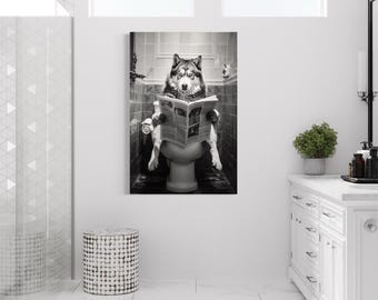 Alaskan Husky Dog On The Toilet Reading Newspaper, Funny Bathroom Art, Toilet Humor Animal Print or Canvas Framed Unframed Ready To Hang